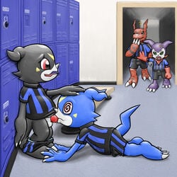 all_fours black_skin blackie blue_skin bulge claws clothes color digimon fellatio gay guilmon hypnosis impmon indoors interspecies jock jock_slut locker locker_room looking_at_another male male_only mind_control multiple_males no_humans oral pants_down purple_skin red_skin shirt shorts standing veemon white_skin yaoi