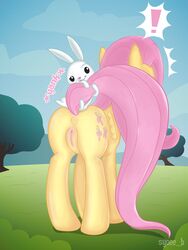 angel_(mlp) anus ass female fluttershy_(mlp) friendship_is_magic my_little_pony outdoors pony pussy smooth_skin tagme tail tail_pull text