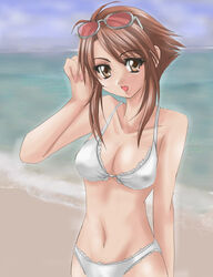 1041_(toshikazu) 1girls beach bikini brown_hair chai_xianghua cleavage female looking_at_viewer smile solo soul_calibur sunglasses_on_head