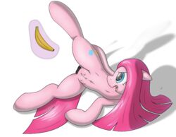 banana blue_eyes crotchboob crotchboobs cutie_mark equine female friendship_is_magic fruit hair horse long_hair magic my_little_pony navel nipples non-human_areolae open_mouth pink_hair pinkamena_(mlp) pinkie_pie_(mlp) pony pussy_tape small_crotchboobs spread_legs spreading tape tg-0 tongue