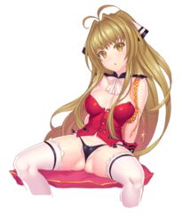 amagi_brilliant_park brown_hair cameltoe cleavage corset female fiodo gloves hair_ribbon long_hair ribbon sento_isuzu sitting solo thighhighs thong yellow_eyes