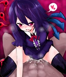 cowgirl_position cum cum_inside dark-skinned_male han_(jackpot) heart naughty_face nue_houjuu purple_hair red_eyes sex skirt solo spoken_heart straddle sweat thighhighs touhou under_skirt zettai_ryouiki