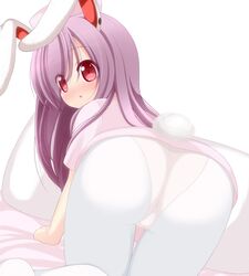 all_fours animal_ears ass blush bunny_ears bunny_tail chimunge cosplay from_behind hat lavender_hair long_hair looking_back nurse nurse_cap panties panties_under_pantyhose pantyhose pillow red_eyes reisen_udongein_inaba simple_background solo tail touhou trefoil underwear very_long_hair white_legwear white_panties