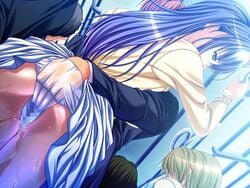 1male censored game_cg inchiki_reibaishi long_hair panties purple_hair pussy_juice waffle wet wet_panties