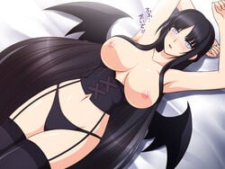 anime_nose black_hair breasts demon_wings female garter_straps kafu large_breasts mabinogi morrighan navel solo thighhighs very_long_hair wings