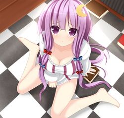 bare_legs barefoot blush book bow breasts checkered checkered_floor chimunge cleavage collarbone crescent female female_only from_above hairbow human long_hair looking_at_viewer patchouli_knowledge purple_eyes purple_hair sitting solo touhou wariza