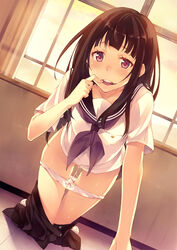 all_fours black_hair blush chitanda_eru classroom collarbone female female_only finger_to_mouth hair_in_mouth hyouka inato_serere looking_at_viewer open_mouth panties panty_pull partially_clothed pink_eyes pussy_juice school school_uniform skirt skirt_pull smile solo sweat underwear undressing wet_panties white_panties