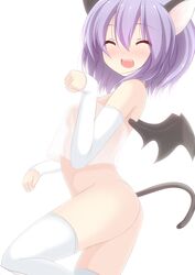 animal_ears bare_shoulders bat_wings blush bottomless cat_ears cat_tail chimunge closed_eyes kemonomimi_mode open_mouth paw_pose purple_hair remilia_scarlet see-through short_hair simple_background solo tail thighhighs touhou tubetop white_background white_legwear wings