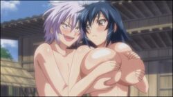 animated blue_hair blush breast_grab breast_press breasts female grey_eyes hoods_entertainment huge_breasts long_hair manyuu_chifusa manyuu_hikenchou manyuu_kagefusa multiple_girls nude purple_hair screencap short_hair yellow_eyes yuri