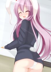 animal_ear ass blush bunny_ear bunny_tail carrot chimunge closed_eyes highres lavender_hair long_hair open_mouth panties reisen_udongein_inaba smile solo tail touhou underwear very_long_hair