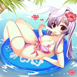 1girls animal_ear arm_support back bikini blush breasts bunny_ear cleavage female flower front-tie_top hair_flower hair_ornament hairpin holding innertube kusano_(torisukerabasu) large_breasts long_hair looking_at_viewer partially_submerged petals pink_bikini popsicle purple_hair red_eyes reisen_udongein_inaba sitting solo strap_gap striped striped_bikini striped_swimsuit swimsuit thigh_gap tongue touhou water