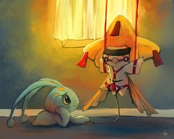 2010 ball_gag blindfold bondage bound gag jirachi male manaphy pokemon pokemon_(species) purplekecleon