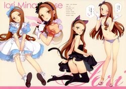 animal_ears anklet ass back bikini blush brown_hair cat_ears cat_tail character_sheet choker dress earrings female flat_chest frilled_legwear gloves high_heels idolmaster jewelry long_hair looking_at_viewer minase_iori navel ooyari_ashito open_mouth sandals shoes side-tie_bikini swimsuit tail thighhighs thighs