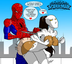 1boy 1girls 2012 aeolus06 ava_ayala bodysuit dark-skinned_female dark_skin english_text female human interracial light-skinned_male light_skin male marvel peter_parker sex spider-man spider-man_(series) standing_doggy_style straight straight_hair text torn_pants ultimate_spider-man white_tiger_(marvel)