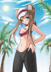 blue_eyes blush breasts brown_hair double_bun female navel nintendo no_bra pantyhose pokemon pokemon_bw2 rosa_(pokemon) shimeji tied_hair twintails visor_cap