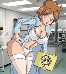 1girls aurea_juniper blush breasts cleavage earring exhibitionism female human jewelry lingerie mature_female milf nintendo photo_background pokemon pokemon_bw pokemon_professor sakaki_(artist) smile solo white_bra white_lingerie white_panties zage_inc