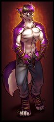 anthro belt black canine denim folf fox fur furry hybrid jeans male_only neodokuro purple rope sheath shyloc smile unzip wolf