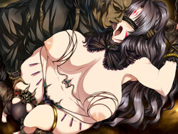 1boy 1girls barefoot black_hair blindfold bondage breasts cg chained chains fat feet female game_cg huge_breasts licking long_hair mound_of_venus navel nipples open_mouth panties rane_crisis saliva sky_walk standing straight tattoo thigh_gap thighs tongue topless tsukazawa ugly_man wavy_hair