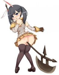 animal_ears anus artist_request ass black_hair blue_eyes blush bunny_ear elin elin_(tera) halberd highres pussy pussy_juice tera_online thighhighs tied_hair twintails uncensored weapon