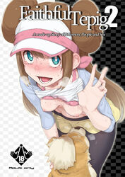 black_legwear blue_eyes blush breasts brown_hair canine checkered checkered_background cover cover_page cunnilingus cunnilingus_through_clothes double_bun doujinshi english female growlithe hanging_breasts hat heavy_breathing human legwear_under_shorts nipples open_mouth oral pantyhose pokemon pokemon_(game) pokemon_(species) pokemon_bw2 pokephilia raglan_sleeves ribbon rosa_(pokemon) shirt_lift shorts skirt tear tied_hair twintails visor_cap zero_(artist) zoophilia