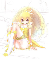 bike_shorts blonde_hair blush boots choker clothing cure_peace dress hair_ornament long_hair magical_girl ponytail precure pretty_cure pussy pussy_juice shorts shorts_pull sitting sketch smile smile_precure solo sora_to_umi wrist_cuffs yayoi_kise yellow_dress yellow_eyes