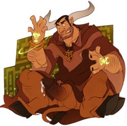 balls bovine bull clothing cum erection hooves horn kuma magic male male_only minotaur necklace penis sitting solo transformation veins