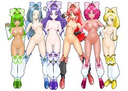 3_eyes blonde_hair blue_hair breasts closed_eyes delica female gloves green_eyes green_hair long_hair looking_at_viewer multi_eye multiple_girls navel nipples nude open_mouth original pink_eyes pink_hair purple_eyes purple_hair pussy red_eyes red_hair smile standing thighhighs uncensored yellow_eyes yuri