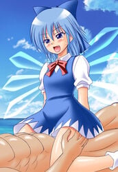 blue_hair blush cirno clothed_sex cowgirl_position cute_fang hair_ribbon ice ice_wings red_ribbon ribbon sex skirt straddle sweat touhou under_skirt wings