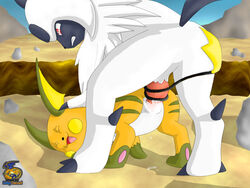 2005 absol angry_sex cum cum_inside from_behind hindpaw nintendo open_mouth paws penetration penis pokemon pokemon_(species) raichu sex surfing_charizard tail_wrap