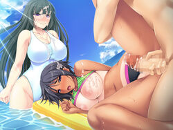 2girls breasts cum cum_on_body cum_on_breasts cum_on_clothes cum_on_hair cum_on_upper_body facial glasses ishii_akira kikuchi_miki large_breasts miel nipples penis swimsuit tanline tokiwa_yuri