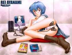 1girls blue_hair blush clothed clothing console indoors long_legs looking_at_viewer lying_on_side mania_street neon_genesis_evangelion panties pillow plug red_eyes rei_ayanami school_uniform screen sex_toy short_hair skinny socks solo tagme toy