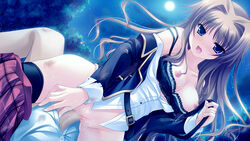 breasts brown_hair chisha cowgirl_position game_cg cowgirl_position imageboard_sample long_hair midori_no_umi night nipples penis photoshop pussy pussy_juice school_uniform sex underwear yukie_(peach_candy)