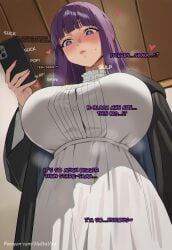 1girls ai_generated big_breasts blue breasts breasts_bigger_than_head clothed clothing color english_text female female_focus female_only fern_(sousou_no_frieren) frieren_beyond_journey's_end heart-shaped_pupils helltoyou hi_res horny large_breasts light-skinned_female light_skin long_hair massive_breasts purple_eyes purple_hair small_penis_humiliation smartphone solo solo_female sousou_no_frieren text thick_thighs