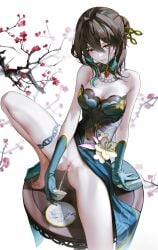 bare bead beads between blossoms blush bottomless breasts brown chinese cleavage clothes clothing collar covered cup cutout detached dna dress eyes female flower footwear gloves green hair holding honkai:_star_rail honkai_(series) in intakes iumu jewelry long looking medium multicolored navel necklace panties pearl peeing pussy ruan_mei_(honkai:_star_rail) saucer see-through shoulders sleeveless smile solo strap streaked_hair table tea teacup thigh thighs two-tone unworn urine viewer