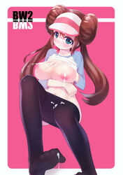 bad_id barefoot blue_eyes blush breasts brown_hair cum cum_on_body cum_on_lower_body double_bun facial feet female female_only highres human lactation large_breasts long_hair navel nintendo nipples pantyhose pantyhose_pull pink_background pokemon pokemon_bw2 raglan_sleeves ririko_(zhuoyandesailaer) rosa_(pokemon) saliva shirt_lift solo tied_hair toes twintails visor_cap