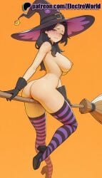 1girls 2025 ai_generated artist_name black_hair blush breasts broom broom_riding bust chest crotch_rub electroworld english_text exposed_nipples female gradient halloween halloween_costume happy_halloween hat hi_res high_quality high_resolution highres holding_broom jack-o'-lantern mass_effect miranda_lawson nipples nipples_outside object_insertion one_eye_closed orange_background orange_sky patreon patreon_username pussy pussy_juice solo stable_diffusion striped striped_legwear sunset thighhighs watermark wince witch witch_hat