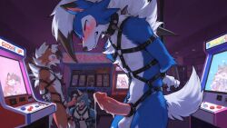 ai_generated anthro arcade arcade_machine blue_fur blush bondage canid canine canis collar cum cum_drip cum_in_public cum_on_penis cumshot dusk_lycanroc fingers furry furry_male furry_only harness harness_gag harness_ring_gag leash lycanroc machine male midnight_lycanroc milking_machine moaning moaning_in_pleasure moaning_loud open_mouth penis pokemon pokemon_(species) restrained sex sex_slave sexy_body will_(willfurry) willfurry wolf