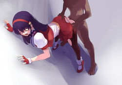 against_wall alternate_costume athena_asamiya closed_eyes doggy_style female fingerless_gloves from_behind_position gloves hairband human king_of_fighters king_of_fighters_97 male moaning negresco no_panties open_mouth pantyhose puddle purple_hair pussy_juice sex skirt standing_sex star straight tiptoes torn_clothes torn_pantyhose