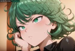 1girls ai_assisted ai_generated black_dress brat bratty chromatic_abberation close-up curly_hair detailed_eyes dress eyebrows eyelashes eyeliner eyeshadow female green_eyes green_hair hand_on_cheek hand_on_own_face hires lips makeup neck one-punch_man patreon patreon_username pouting sexually_suggestive sfw stable_diffusion sweat sweatdrop sweating tagme tatsumaki thaisalon thinking watermark