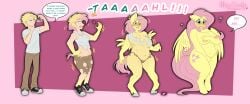 2024 anthro breast_growth breasts clothing covering covering_breasts covering_crotch dialogue digital_media_(artwork) english_text equid equine feathered_wings feathers female fluttershy_(mlp) friendship_is_magic furry gender_transformation growth hasbro hi_res hooves human human_to_anthro male mammal maybilecandy mtf_transformation my_little_pony mythological_creature mythological_equine mythology navel nipples nude open_mouth overweight overweight_anthro pegasus pink_hair sequence simple_background solo species_transformation speech_bubble standing surprised text torn_clothing transformation weight_gain wing_growth wings yellow_body