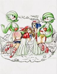 anthro ass bodily_fluids butt_slap clothed clothing clothing_pull corporal_punishment crying dawn_(pokemon) female forest forest_background gardevoir generation_3_pokemon genitals group human laying_on_lap mammal may_(pokemon) nature nature_background nintendo on_knee on_lap partially_clothed plant pokemon pokemon_(species) punishment reddened_butt slap smallmew spank_marks spank_marks_on_ass spanked_butt spanking tears tree trio underwear underwear_down underwear_pull vulva