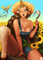 breasts farm farmer farmgirl instant-ip large_breasts league_of_legends open_mouth overalls soraka