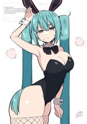 1girls alternate_costume animal_ears aqua_eyes aqua_hair arm_up black_bow black_bowtie black_leotard blush bow bowtie breasts clenched_hand closed_mouth commentary_request english_text fake_animal_ears female female_only fishnet_thighhighs fishnets hatsune_miku highres koeikobo kooei large_breasts leotard long_hair looking_at_viewer odaibako rabbit_ears request_inset shiny_skin simple_background solo strapless strapless_leotard sweatdrop thighhighs twintails vocaloid white_background white_wrist_cuffs wrist_cuffs