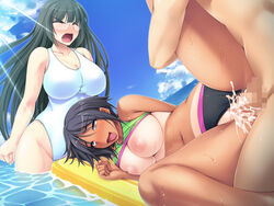 1boy 2girls ahe_gao angry areolae blue_eyes blue_hair blush breasts breasts_out cleavage closed_eyes cum cum_explosion cum_inside excessive_cum faceless_male female fucked_silly glasses heavy_blush highres hips huge_breasts ishii_akira kikuchi_miki large_breasts long_hair male miel nipples panties panties_aside penis perky_breasts pleasure_face puffy_areola rolling_eyes short_hair spiky_hair sweat swimsuit tan_lines tan_skin thick_thighs thighs tokiwa_yuri wide_hips