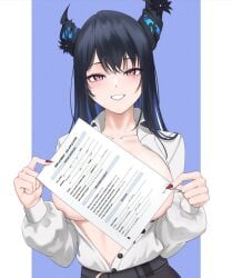 1girls 2025 anime_style arms_behind_back asymmetrical_hair asymmetrical_horns bare_stomach belt big_smile black_and_blue_hair black_flower black_hair black_nails black_pants blue_background blue_hair blue_highlights blush breast_focus breasts censored chest_focus cleavage cleavage_focus colored_inner_hair covering_breasts covering_nipples curvy_figure dark_nails demon_girl demon_horns demoness detailed_clothing detailed_eyes detailed_hair digital_art document dress_shirt ecchi excited_expression exposed_belly exposure eye_contact fair_skin fanservice female female_focus female_only flirting flirting_look flower flushed_cheeks formal_attire front_view glossy_hair glossy_lips gold_jewelry gold_trim hands_up happy_expression hazeillusts high_quality highres holding_paper hololive hololive_english hololive_english_-advent- horn_flower horns intentional_exposure job_application job_interview large_breasts light-skinned_female light_skin long_hair long_sleeves looking_at_viewer meme meme_reference meta mole mole_under_eye multicolored_hair nail_polish navel navel_focus nerissa_ravencroft no_bra office_lady open_mouth open_shirt pale_skin paper pink_eyes playful_expression red_eyes red_nail_polish seductive_smile semi_nude shoulders sideboob simple_background slender_waist smile smooth_skin solo solo_focus standing teasing_pose teeth tits two-tone_hair unbuttoned_shirt underboob uneven_horns upper_body vertical very_long_hair viewer_pov virtual_youtuber vtuber vtuber_fanart wide_hips