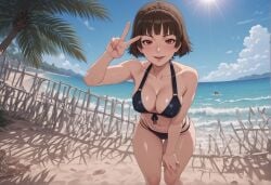 ai_generated atlus beach bikini black_bikini blue_sky braid breasts brown_hair cleavage cloud collarbone crown_braid day female front-tie_top halterneck hand_on_own_thigh large_breasts leaning_forward looking_at_viewer makoto_niijima navel ocean outdoors palm_tree persona persona_5 red_eyes sand short_hair sky smile solo sun sweat swimsuit thigh_gap tree v velmasnowai water wet