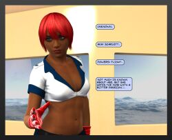 3d 3d_(artwork) 3d_comic absurd_res beautiful_girl belted_skirt beltskirt braless character_introduction character_name character_profile cleavage collarbone comic_page dark-skinned_female denim_skirt emotionless expressionless indifferent large_breasts large_tits leaning_to_the_side miniskirt navel no_bra red_gloves red_hair ropeman1 scarlett_(ropeman1) short_hair short_hair_female skirt source_request standing super_hero superhero superheroine tomboyish victory_celebration wholesome