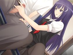 1boy 1girls censored fault!! female game_cg handjob kamiwazumi_maya long_hair male panties pantyhose penis purple_hair seifuku straight taka_tony underwear