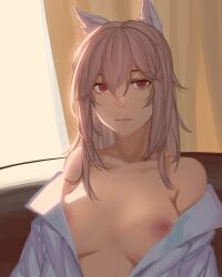 1girls big_breasts breasts breasts_out closed_mouth emotionless expressionless fake_animal_ears female female_only girls'_frontline labcoat large_breasts long_hair looking_at_viewer mk_xlviii naked_coat nipples persica_(girls'_frontline) pink_hair red_eyes salty_eyes upper_body
