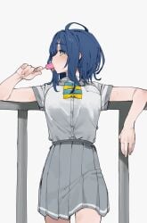 animated blue_bow blue_eyes blue_hair bow collared_shirt cowboy_shot fellatio female food food_in_mouth grey_skirt highres holding holding_food holding_popsicle lonklink looking_at_viewer make_heroine_ga_oo_sugiru! oral pleated_skirt popsicle popsicle_in_mouth shirt shirt_tucked_in short_hair short_sleeves simple_background simulated_fellatio skirt solo tongue tongue_out white_background white_shirt yanami_anna yellow_bow